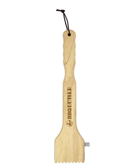 Wood grill scraper branded "BBQ BUTLER" on a white background.