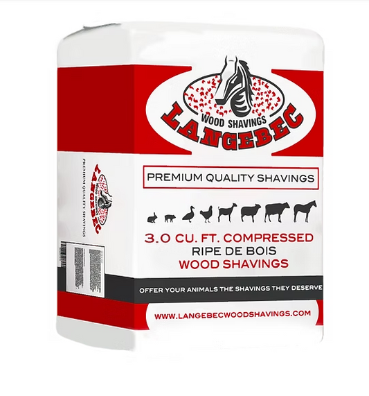 Bag of Langebec wood shavings with branding and product details on a white background