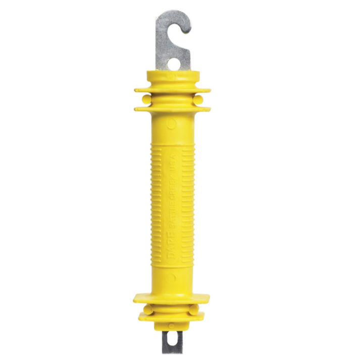 Yellow Rubber electric fence gate handle on a white background.