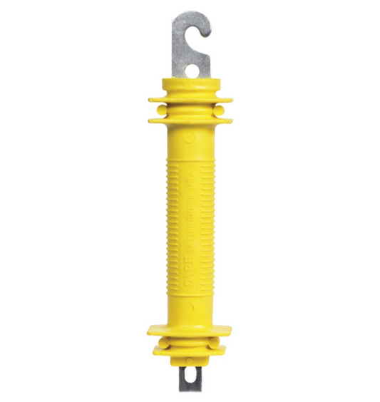 Yellow Rubber electric fence gate handle on a white background.