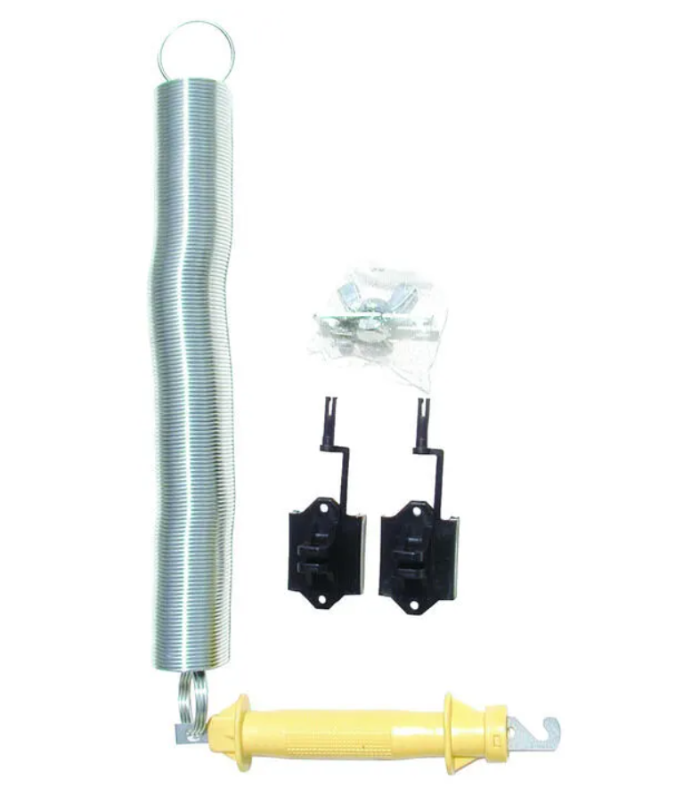 Set of electric fence gate parts including a metal spring, black connectors, and a yellow plastic part on a white background.